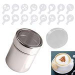 Mebamce Stainless Steel Chocolate Shaker Duster Dredgers Sprinkler Icing Sugar Cocoa Cinnamon Powder Flour Coffee Latte Cappuccino Mesh Sifter with 16pcs Barista Cocktail Coffee Stencils