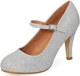 Bella Marie Helena Vintage Retro Mary Jane Round Toe Mid Heels Dress Work Pump Silver 7