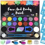 Greenmall Face Paint Kit for Kids - 24 Jumbo Stencils, 16 Large Water Based Paints, 2 Glitters for Halloween Makeup Kit, Professional Face Paint Palette