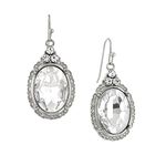 1928 Jewelry "Victorian Cristallino" Crystal Clear Oval Faceted Silver Tone Drop Earrings