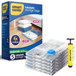Smart Saver Vacuum Storage Compression Ziplock Bags 5 Pack Jumbo (70x100) cm With Handpump for Clothes, Blankets, Pillows, Bedding, Comforters - Airtight Reusable Packing Bags