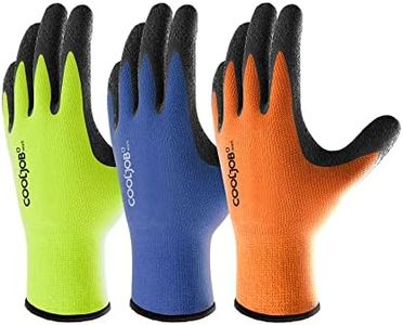 COOLJOB Gants de travail pour homme et femme, 3 paires de gants de jardinage antidérapants en latex froissé avec prise ferme, Orange, Jaune, Bleu, 3 paires M