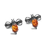 HENRYKA Silver & Cognac Amber Bumble-Bee Studs | 925 Sterling Silver Honey Bee Gemstone Earrings | Cute Fashion Accessory & Jewellery Gift for Her & Women