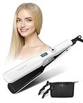 CkeyiN Hair Straightener Wide Plates, 1.8 inch Tourmaline Ceramic Flat Iron, 12-Speed Temperature LED Display Dual Voltage 30s PTC Fast Heating Straightener Iron, White