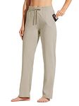 Willit Women's Cotton Sweatpants Open Bottom Yoga Sports Pants Straight Leg Lounge Athletic Pants with Pockets Khaki M