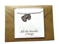 All the world's a stage quote card jewellery DRAMA HEADS MASK charm necklace theatre actor themed gift, drama student performer birthday Xmas present