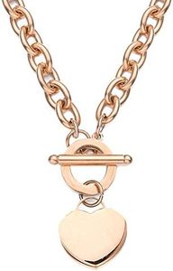 WangGao Elegent Love Stainless Steel Link Chain Blank Heart Charms Necklace for Women Toggle Clasp Closure,Rose Gold