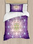 Ambesonne Bohemian Duvet Cover Set Twin Size, Interlace Circles Sign of Cosmos Harmony Folk Hidden Abstract Motif, Decorative 2 Piece Bedding Set with 1 Pillow Sham, Purple Yellow