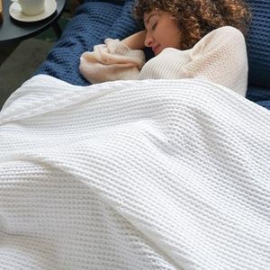 PHF 100% Cotton Waffle Weave Blanket Queen Size 90"x90"-Lightweight Washed Soft Breathable Blanket for All Season - Perfect Blanket Layer for Couch Bed Sofa-Elegant Home Decoration-White