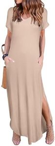 HUSKARY Womens Casual Pocket Beach Long Dress Short Sleeve Split Loose Maxi Dress, Coffee 01, X-Small