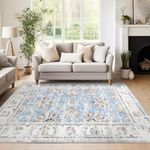 JINCHAN Area Rug 5x7 Rug Vintage Floor Mat Chenille Indoor Thin Accent Rug Blue Floral Print Carpet Foldable Rug Boho Decor Farmhouse Non Slip for Kitchen Living Room Bedroom Dining Room