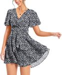 PCEAIIH Women's Cocktail Dresses Short Sleeve Empire Skater Dress Deep V-Neck Waist Tie Ruffle Mini Swing Dresses XL Floral Black