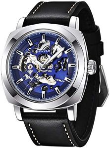 Benyar Automatic Watches for Men | Skeleton Mechanical Leather Strap Mens Watch | 45mm Dial | 30M Waterproof | Men's Stylish Gift, Silver blue, Mechanical,Skeleton,Automatic Watch