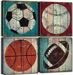 Vintage Sports Wall Art Basketball Soccer Football Sports Themed Canvas Prints for Boys Room Baby Nursery Decor Boys Gift 16x16" Rustic Sports Pictures Kids Bedroom Playroom Painting Home Decorations