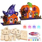 ANNERSAT 4 Set DIY Wooden Witch House with LED Tealights Paintable Halloween Wooden House Ornaments Halloween DIY Blank Unfinished Wood Hanging Pendants for Kids Halloween Craft Decor