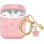 AIIEKZ Flower Engraved Case Compatible with AirPods Case Cover, Soft Silicone Case for AirPods 2&1 Generation Case with Cute Flower Keychain and Carabiner for Girls Women (Pink)