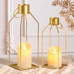 NITIME 2PCS 12/15'' Gold Metal Lanterns Decorative(No Glass)-Gold Metal Candle Lanterns Decorative Outdoor with 2PCS Flickering LED Candles for Front Porch Decor, Mantle Decorations, and Home Decor