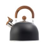 Nuscen Whistling Tea Kettle for Stovetop,2.5 L/2.6 Quart Stainless Steel Tea Pots, Water Kettle with Wood Pattern Folding Handle,Whistle Kettle for Coffee Electric Ceramic heaters (Black-Silver Lid)