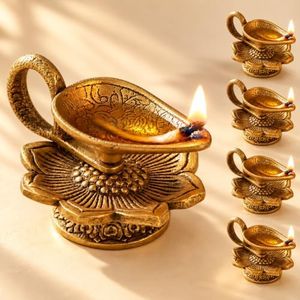 LoveNspire Brass Finish Lotus Diya - Lightweight Aluminum Oil Lamp for Home Pooja Room, Indian Mandir Decor, Diwali & Housewarming Return Gifts 5 Pcs