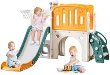 YUYUE 7 in 1 Toddler Slide for Toddlers Age 1-3, Extra-Long Slide with Basketball Hoop Indoor and Outdoor Baby Climber Playset Playground Freestanding Slide (Medium, White+Orange)