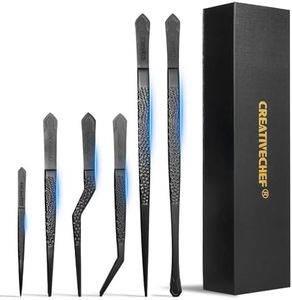 CREATIVECHEF 6Pcs Titanium Cooking Tongs Set - Professional food tongs for Plating, Lightweight Professional Chef Tweezers for cooking (black)