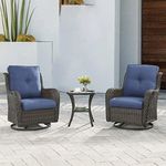 Pugire Outdoor Patio Swivel Rocker Chairs - 3 Piece Patio Bistro Set,Wicker Patio Furniture Set with 2 Swivel Rocking Chairs and 1 Glass Top Side Table for Deck Porch Garden,Brown/Blue