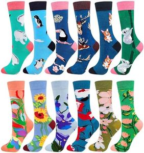 Fasefunn Funny Socks for Girls Fun Colorful Novelty Crazy Floral Patterned Socks Crew, Premium Cotton, Size 6-11, 12 Pairs US031203