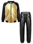 TTAO Kids Shiny Sequins Tracksuits Girls Boys Jazz Hip Hop Street Dance Costume Jacket with Pants 2 Piece Set Gold&Black 6 Years