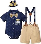 DONWEN Baby Boy First Birthday Outfit Mr Onederful Bowtie Romper + Suspender Shorts+ Party Hat Cake Smash Outfits, Navy Blue + Hat, 12-18 Months