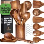 Wooden Spoons for Cooking, Cooking Utensils Set, Kitchen Utensil Set with Holder, Spoon Rest & Hanging Hooks, Teak Wood Nonstick Cookware – Durable Set of 8pcs by Woodenhouse