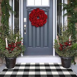 KIMODE Front Door Mat Buffalo Plaid Outdoor Rug 27.5"x43" Black and White Checkered Rug Farmhouse Front Porch Rug Decor Cotton Woven Washable Layered Door Mats Outdoor