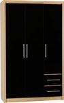 A T Seonique Seville 3 Door 2 Drawer Wardrobe With Hanging Rails & Shelves - Black High Gloss/Light Oak Effect Veneer