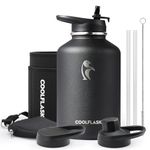 Coolflask 64 oz Insulated Water Bottle with Strap & Sleeve, Half Gallon Water Jug 3 Lids Stainless Steel Multifunctional Flask BPA-Free, Keep 48H Cold 24H Hot, Compact Yoga/Gym Bottle, Black