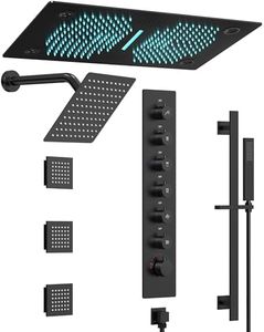 GRANDJOY Matte Black LED Shower System, Bluetooth Music 28" x 16" Ceiling Mount Dual Shower Head with 3 Body Jets & Slide Bar