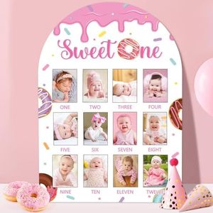 Sweet One First Year Photo Board Donuts Birthday Party Decorations Wooden Board 12 Monthly Milestone Picture Frame Donut 1st Birthday Photo Banner for Baby Girl Keepsake Gift Supply (Fit 2x2.8in Pic)