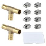 LEONTOOL 2 Pcs Brass Barb Tee Fitting 3/8"(10mm) ID Hose Pipe Fitting T-Shaped with 6 Pcs Stainless Steel Pipe Clamps, Brass Barbed Tee Hose Connector for Water Fuel Gas Air Oil