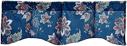 Tache Cotton Blue Floral Jacobean Paisley Bohemian Night Flower Scalloped Sheer Window Treatment Valance 18 x 52