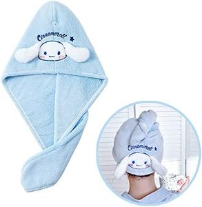 ROFOLO Kawaii Microfiber Hair Towel for Women, Super Absorbent Hair Shower Cap for Long Hair, Quick Dry Towel Wrap with Botton of Cute Hairbands for Women Girls Bath Accessories(Blue)