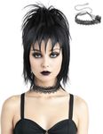 AMZCOS Short Black Cosplay Wig with Fluffy Curl Buns and Choker Accessories –Heat Resistant Synthetic Hair Straight Wigs with Bangs for Gothic Witch Costume