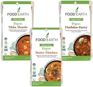 Food Earth Indian Simmer Sauces - Vindaloo Curry, Butter Chicken, Tikka Masala - Prepackaged, Microwavable, Easy to Store, Organic, Vegan, Gluten & GMO Free Cooking Sauces (6 Pouches x 5.29 oz)