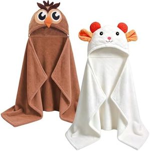 Baby Hooded Towel 2-Pack, Coral Fleece Baby Bath Towels for Toddlers & Infants 0–5 Years, Super Soft & Highly Absorbent, Large 50''x32'', Newborn Essentials & Baby Gift Set – Brown Owl & White Sheep