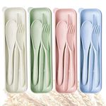 4 Sets Wheat Straw Cutlery,Portable Cutlery Spoon Fork Knife Set for Lunch Box,Resuable Camping Utensil Set Flatware with Case for Kids,Adults,Travel,Picnic,Eco-Friendly BPA Free,4 Colors