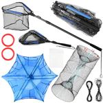 Windyun 3 Pcs Folded Crab Trap Set Includes Fish Landing Net with Telescoping Pole Handle Cylindrical Hexagon Fish Traps Bait Bag Rope Fishing Accessories for Fish Crab Shrimp Crawdad Lobster