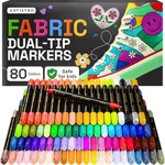 ARTISTRO 80 Dual-Tip Fabric Markers - Fabric Decorating Kit - Permanent for Clothes - No Bleed Pens for T-Shirts, Bags, Textile, Canvas, and More (Brush Tip and Fine Tip)