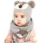 DORRISO Cute Girls Boys Caps Scarf Glove Set Warm Small Foxs Caps Autumn Winter Kids Newborn Baby Caps Scarf Baby Knitted Warm Woolen Caps 1-6 Years Old Gray