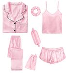 SWOMOG Womens Silk Satin Pajamas Sets 7pcs Sleepwear Sexy Cami Shorts Set and Button Down Short Sleeve Satin Pjs Pink Small