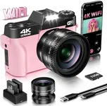 VJIANGER 4K Vlogging Camera for YouTube 48MP Digital Camera for Photography and Video with Flip Screen, Manualfocus, 16X Digital Zoom, 52mm Wide Angle & MacroLens, 32GB TF Card, 2 Batteries(Pink)