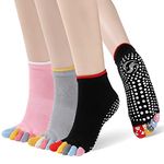 PUTUO Toe Yoga Socks for Women: Pilates Non Slip Cotton Socks for Ladies Five Toe Anti Slip Yoga Socks for Barre Dance Fitness Hospital Home Workout Sports 3 Pairs Size 7-9