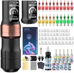 POSEIDON Cordless Rotary Tattoo Machine Kit with 20 Tattoo Cartridge Needles, Ink Set & 2 Rechargeable Batteries | Professional Portable Tattoo Gun for Beginners | Complete Starter Supplies