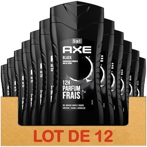 AXE - Gel doccia da uomo 5 in 1 nero - 24 ore idratante - 87% di ingredienti di origine naturale - profumo bacche nere e legno di cedro (confezione da 12 x 250 ml)